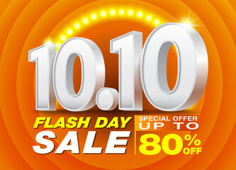 10th month Shopping day sale Poster or Banner template with Number 10.10 3D text on Spotlight LED orange background. Campaign Special Offer Up To 80%. Design for Ads, social media, Shopping online.