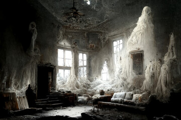 Scary illustration of ghosts in an abandoned house.