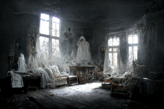 Scary illustration of ghosts in an abandoned house.