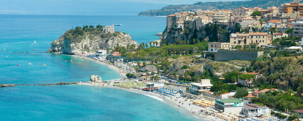 Aerial view of Tropea, house on the rock and Sanctuary of Santa Maria dell'Isola, Calabria. Italy....