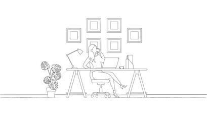ine art of Woman working with phone workplace scene with laptop at her desk at home.