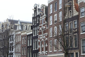Amsterdam Canal Historic House Facades Close Up with Bare Trees, Netherlands