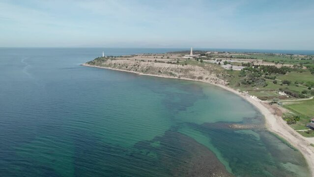 Seddulbahir village aerial shot, seaside and lighthouse, Canakkale Eceabat Turkey