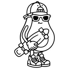 avocado with a skateboard in sneakers on a white background