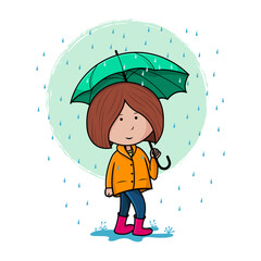 Illustration of a little girl walking in the rain with an umbrella.