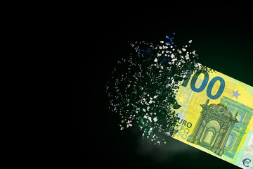 100 euro bills scattered in the air. money inflation concept. the disappearance of banknotes, hyperinflation. financial crash, euro banknotes, high living costs. - obrazy, fototapety, plakaty