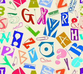 Colorful seamless vector pattern alphabet letters clippings in typographic composition with pins and clips in the style of grunge, punk and ransom color design.