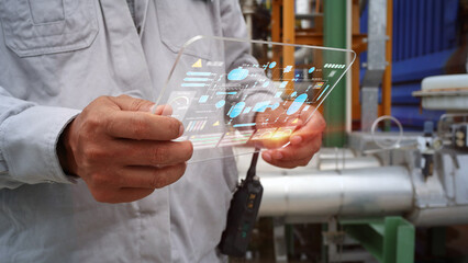 Engineers are inspecting manufacturing processes, reading holographic screens showing various...