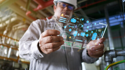 Engineers are inspecting manufacturing processes, reading holographic screens showing various...