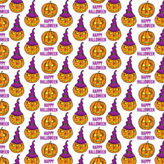 Halloween cartoon pumpkins pattern background. Vector Happy Halloween greeting card and trick or treat party seamless design of pumpkin lantern with skull monster fire eyes and evil face carving
