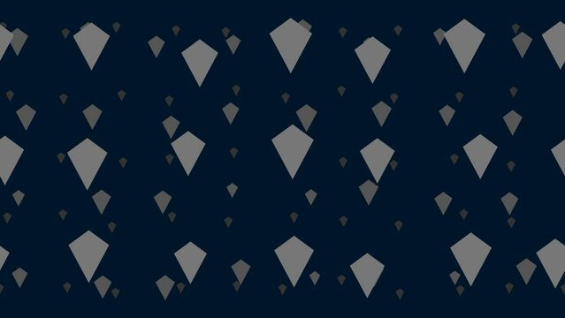 Kite symbols float horizontally from left to right. Parallax fly effect. Floating symbols are located randomly. Seamless looped 4k animation on dark blue background