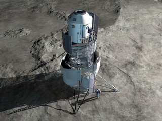 the lander of gateway station is on the moon with the astronauts in illustration 3d and rendering © Dayan