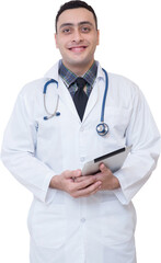 Portrait doctor man holding tablet computer isolated png transparent file.