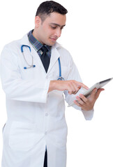 Portrait doctor man holding tablet computer isolated png transparent file.