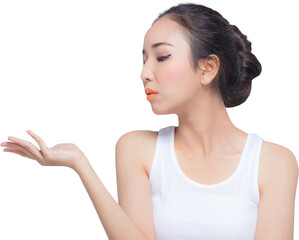 Beauty young asian woman gesturing showing for advertisement isolated png transparent file.