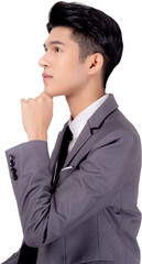 Portrait young asian business man in suit with smart thinking idea isolated png transparent file, businessman standing and planning for success, handsome manager or executive, emotion and expression.