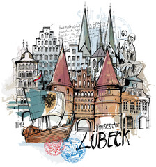 Handgezeichnete Illustration von der Hansestadt Lübeck - 532790185