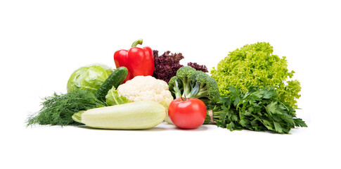 variety of fresh and ripe vegetables isolated on white. vegan