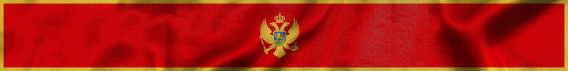 Elongated national flag of Montenegro with a fabric texture fluttering in the wind. Montenegrian flag for website design. 3d illustration