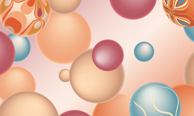 Abstract vector illustration with 3d balls and gradients. Dynamic 3d geometric shapes in soft pastel red, beige, light blue and poppy colors