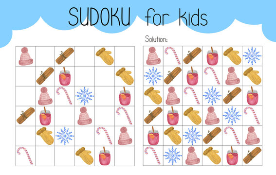Sudoku educational game or leisure activity worksheet vector illustration, printable grid to fill in missing images, winter, Christmas topical vocabulary, puzzle with its solution, teacher res