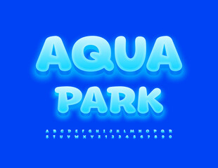 Vector bright template Aqua Park. Glowing blue Font. Creative Alphabet Letters and Numbers set