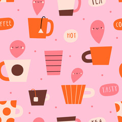 Cute seamless pattern with different coffee and tea cups. Hot beverage texture. Hand drawn smiley drinks background