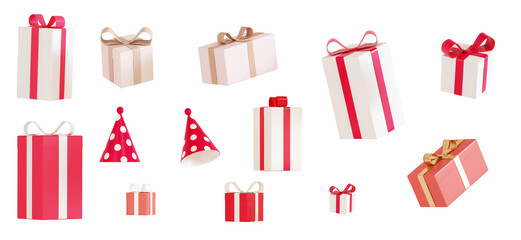 Group of Gift box and celebrations on a white background, 3D Render,PNG