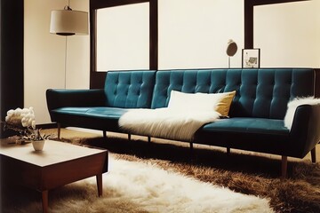 blue couch modern living room illustration with fur rug