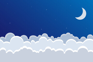 vector landscape of clouds and night sky with crescent moon for background
