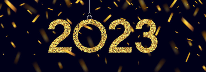 New year banner with a black background with gold numbers 2023 and sparkles. Happy New Year! Yellow glitter numbers
