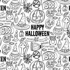 Obraz premium Vector Halloween seamless pattern. Black icons of skull, spider, web, pumpkins, cauldron. Design elements for halloween party poster. Flat cartoon illustration. Objects isolated on a white background.