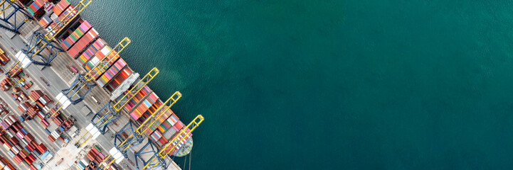 Top view of International Container ship loading and unloading at sea port, Freight Transportation, Shipping, Nautical Vessel. Logistics, import export, oversea Transportation. - obrazy, fototapety, plakaty