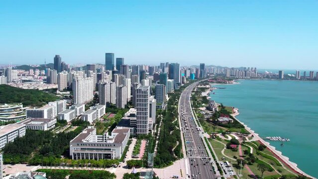 Aerial photography of modern buildings skyline on the west coast of Qingdao