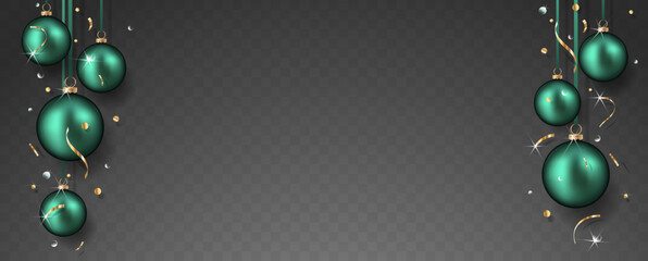 Green christmas balls with confetti isolated on transparent background.