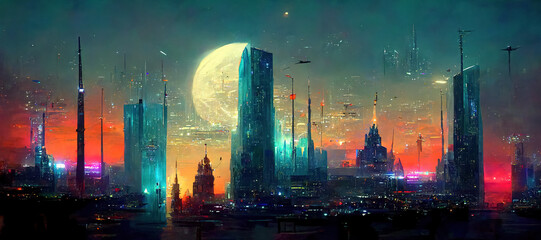 Nighttime in cyberpunk city of the futuristic fantasy world features skyscrapers, flying cars, and neon lights. Digital art 3D illustration. Acrylic painting.