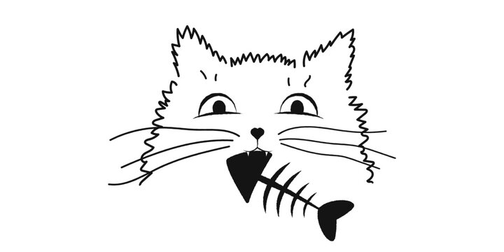 Funny fluffy cat with a fish skeleton in his teeth. Vector illustration.