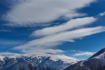 Naklejka premium Sunny winter scene with forest mountains