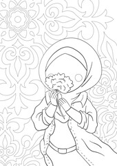 A cute girl in a hijab smells a flower, a coloring book with an ornamental background.