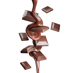 Chocolate  splash on chocolate pieces  with clipping path , 3D Rendering, 3D illustration