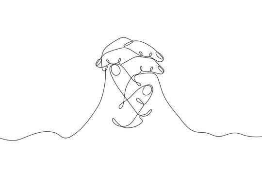 Continuous single line drawn hand gestures,  minimalistic human praying hands sign. Dynamic one line graphic vector design illustration