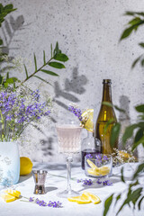 Elegant glass of Sparkling Lavender Cocktail or mocktails surrounded by ingredients on gray table surface