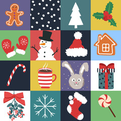 seamless pattern Christmas, new year. Attributes of the new year and the rabbit. vector illustration