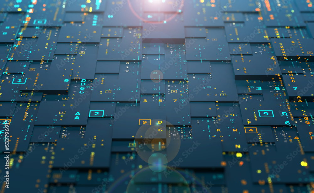 Poster Cyber field, computer code, data flow in the digital world. Abstract 3D illustration of computer circuit and board