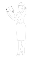 Girl silhouettes in modern single line style. Woman teacher reads a book. Continuous line, decor aesthetic outline, posters, wall art, stickers, logo. Vector illustration.