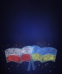Two flags of Poland and Ukraine on cosmic dark background. Polygonal, linear image of flags on blue with space for text