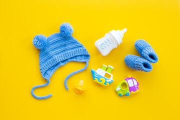 Baby boy blue hat with booties and accessories, top view