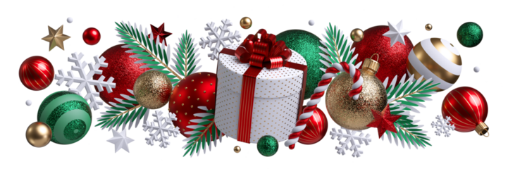 Christmas ornaments over the gift box. Red glass balls, gold and crystal stars.