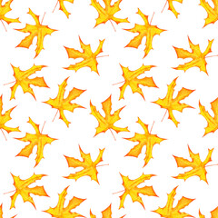 Autumn fall seamless pattern of  decorative yellow maple leaves. Watercolor hand painted isolated illustration on white background.