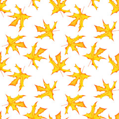 Naklejka premium Autumn fall seamless pattern of decorative yellow maple leaves. Watercolor hand painted isolated illustration on white background.